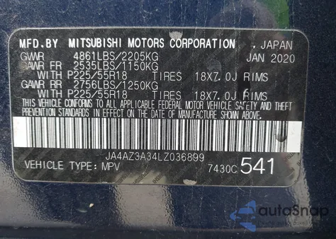 2020 Mitsubishi Outlander Es 2.4 S-Awc/Le 2.4 S-Awc/Se 2.4 S-Awc/Sel 2.4 S-Awc/Sp 2.4 S-Awc from USA, damaged, VIN JA4AZ3A34LZ036899